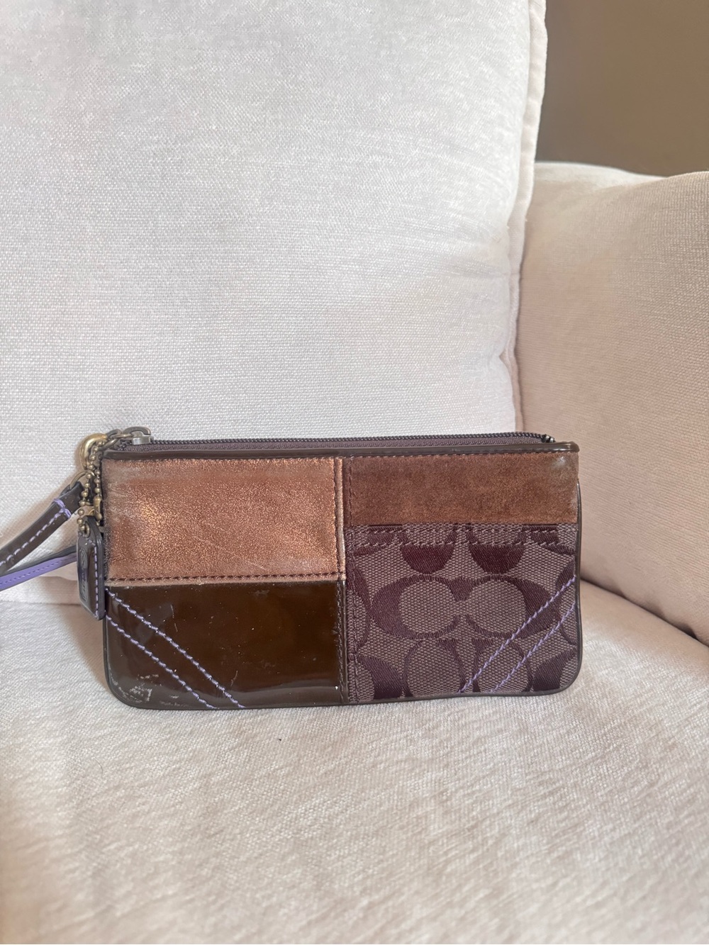 Coach Patchwork Logo Wristlet in Brown and Taupe